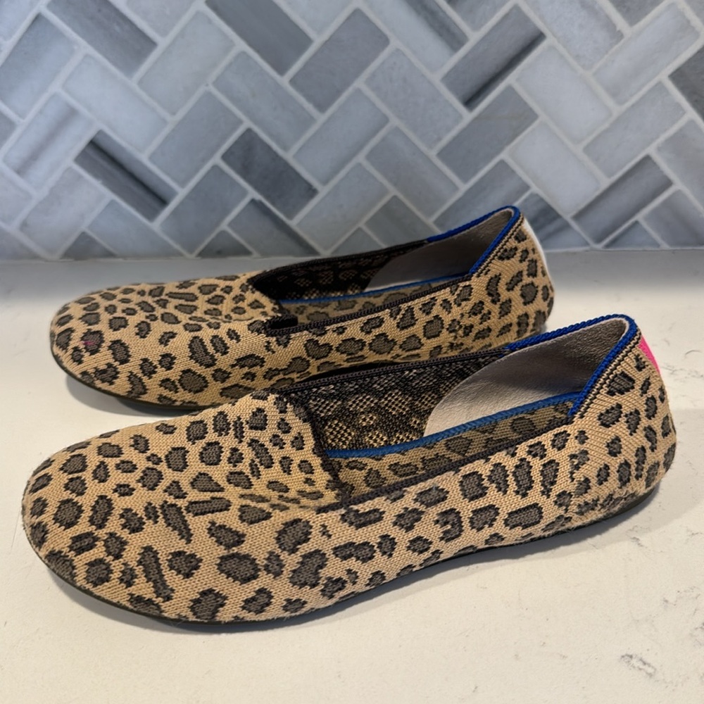 Rothy's Girls Leopard Print Slip-On Flats with Blue Trim